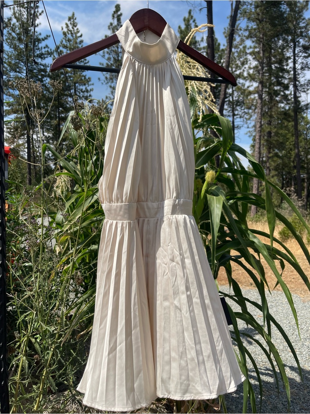 Pleated Satin Halter Midi Jumper in Cream - Picture 6 of 6